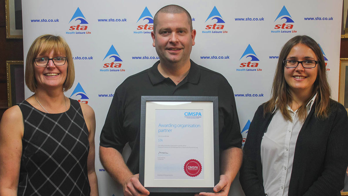 (From left) STA's Claire Brisbourne, Dave Candler and Lisa Smith showcase the CIMSPA awarding organisation partner certificate.